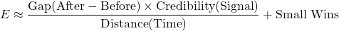 \[E \approx \frac{\text{Gap}(\text{After} - \text{Before}) \times \text{Credibility}(\text{Signal})}{\text{Distance}(\text{Time})} + \text{Small Wins}\]