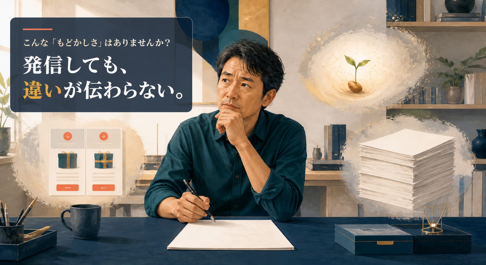 発信や執筆への悩みを抱える経営者のイメージ