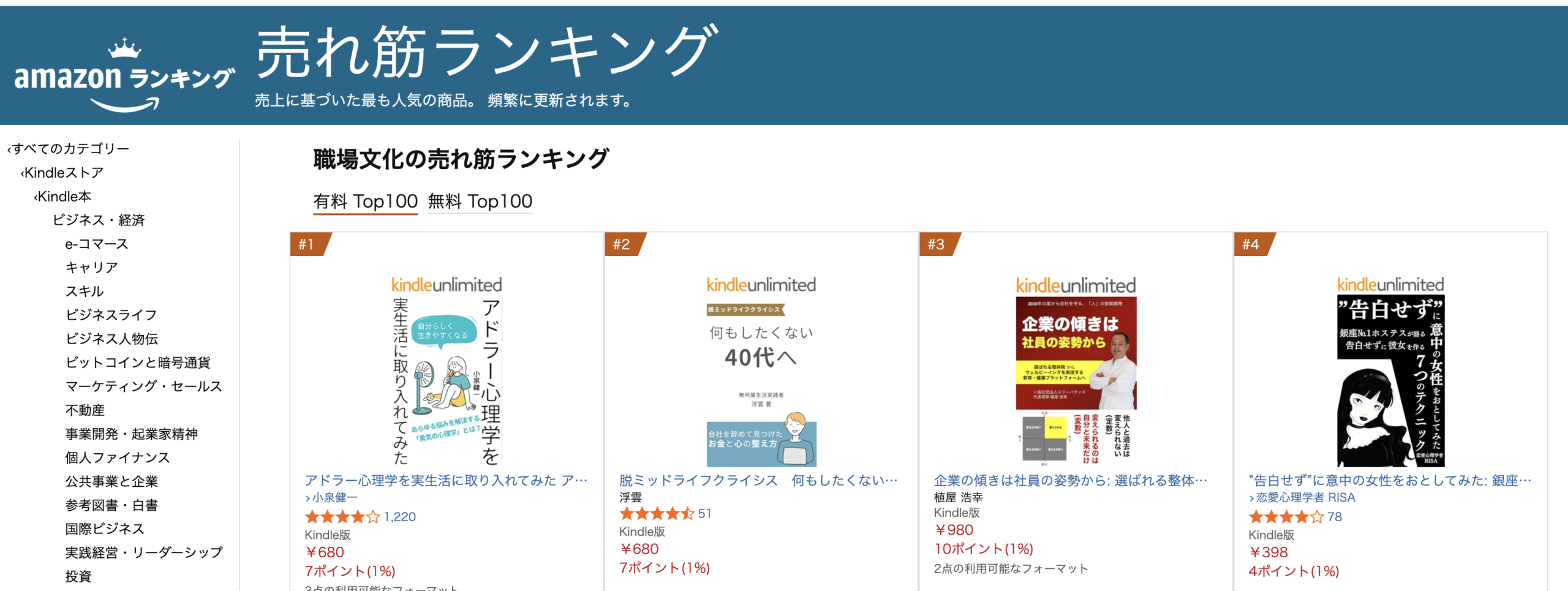 Amazon Kindleストア「職場文化」カテゴリの売れ筋ランキングで3位に表示された『企業の傾きは社員の姿勢から』