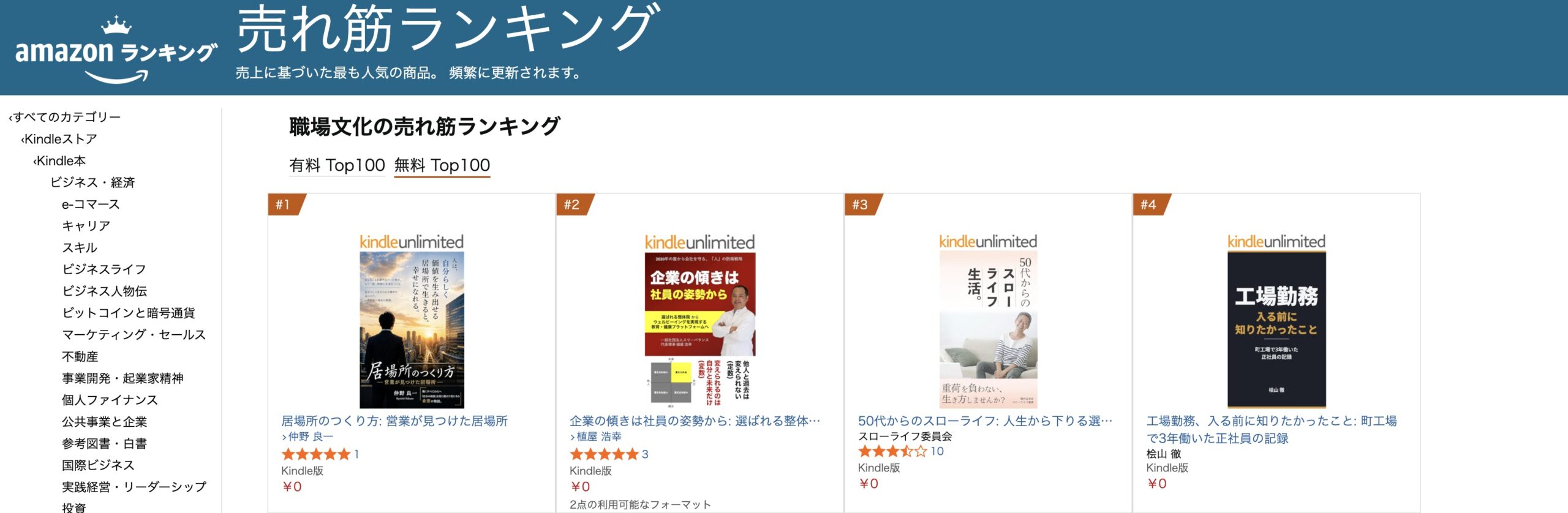 Amazon Kindleストア 職場文化カテゴリ 2位