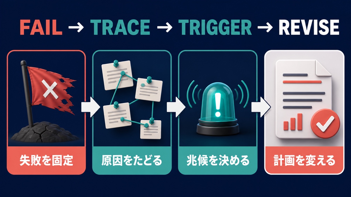 FAIL・TRACE・TRIGGER・REVISEの4段階で提案を改訂する図