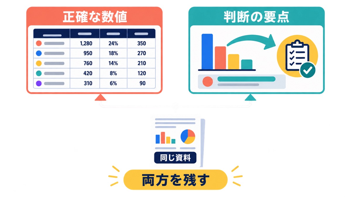同じ資料から正確な数値と判断の要点の両方を読み取る二層構造