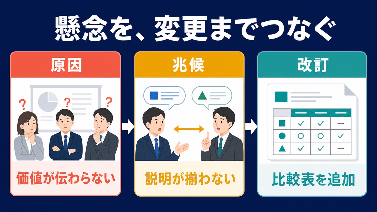 新サービス提案の失敗原因を早期シグナルと資料改訂へつなぐ具体例の図