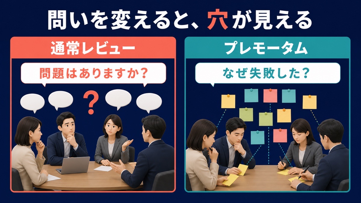 通常のレビューと失敗後を想定するレビューの比較図