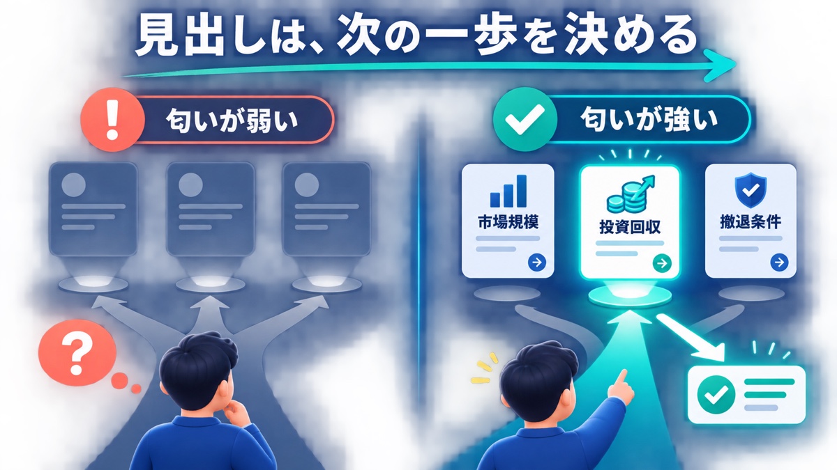 曖昧な見出しで迷う経路と、具体的な手掛かりから目的の情報へ進める経路の比較図