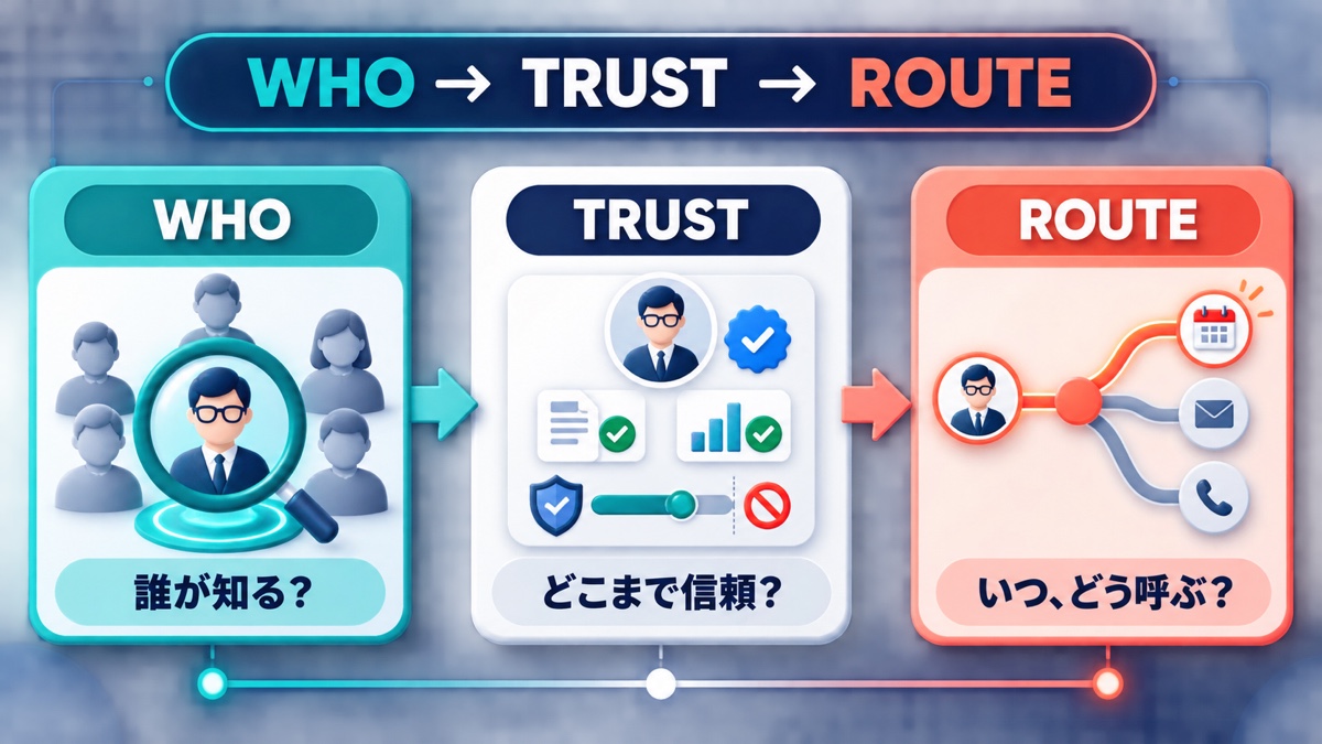 WHO・TRUST・ROUTEの3段階で知識の所在、信頼範囲、呼び出し経路を設計する図