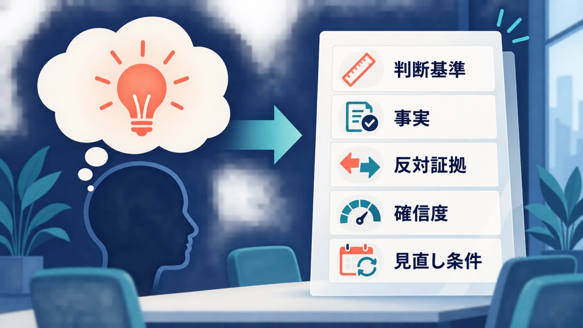 頭の中の確信を判断基準・事実・反対証拠・確信度・見直し条件の共通評価表へ移す図