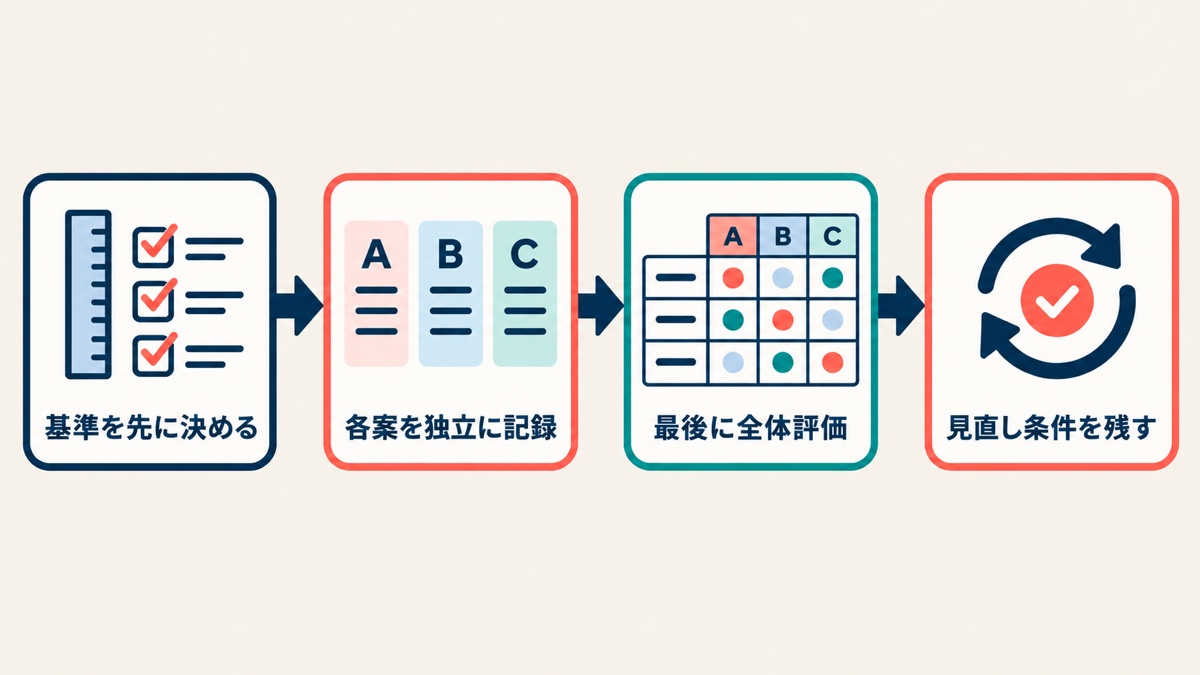 基準を先に決め、各案を独立に記録し、最後に全体評価を行い、見直し条件を残す四段階の図