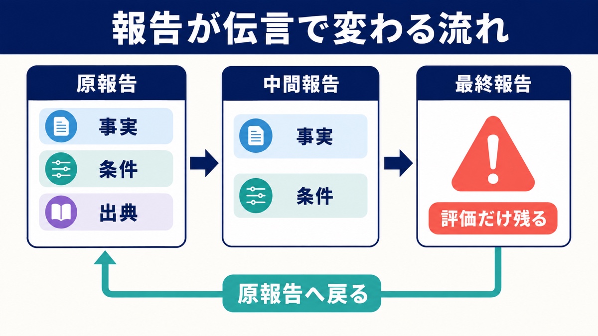 詳しい原報告が三人の伝達を経る間に、事実、条件、出典を失い、危険という評価だけが残る流れを示す図