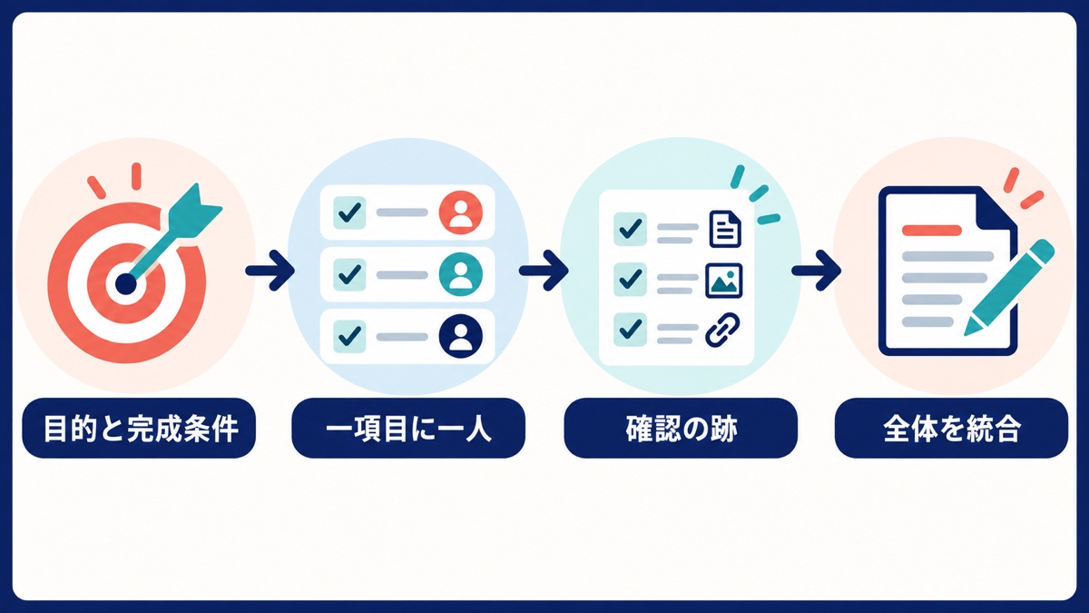 共同資料レビューを目的と完成条件、一項目一人の担当、確認記録、全体統合の順で進める図