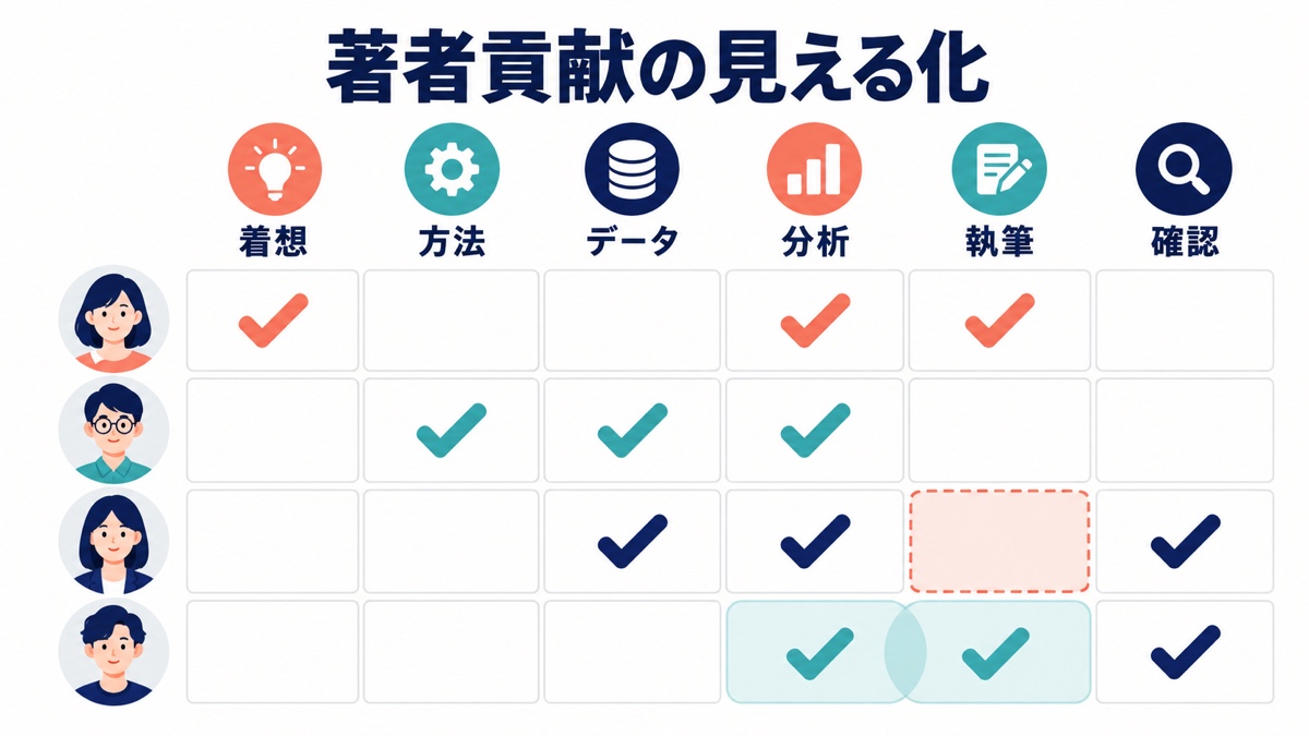 4人の共同研究者と6つの研究役割を対応させた著者貢献表