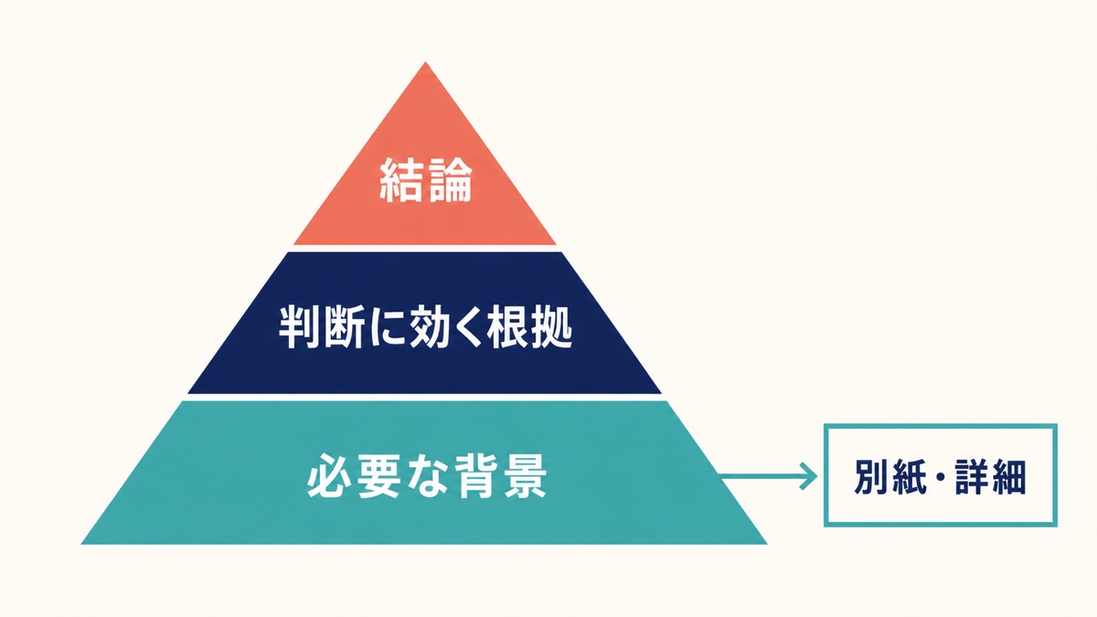 結論、判断に効く根拠、必要な背景を縦に重ね、別紙と詳細を横へ分けたピラミッドストラクチャーの図