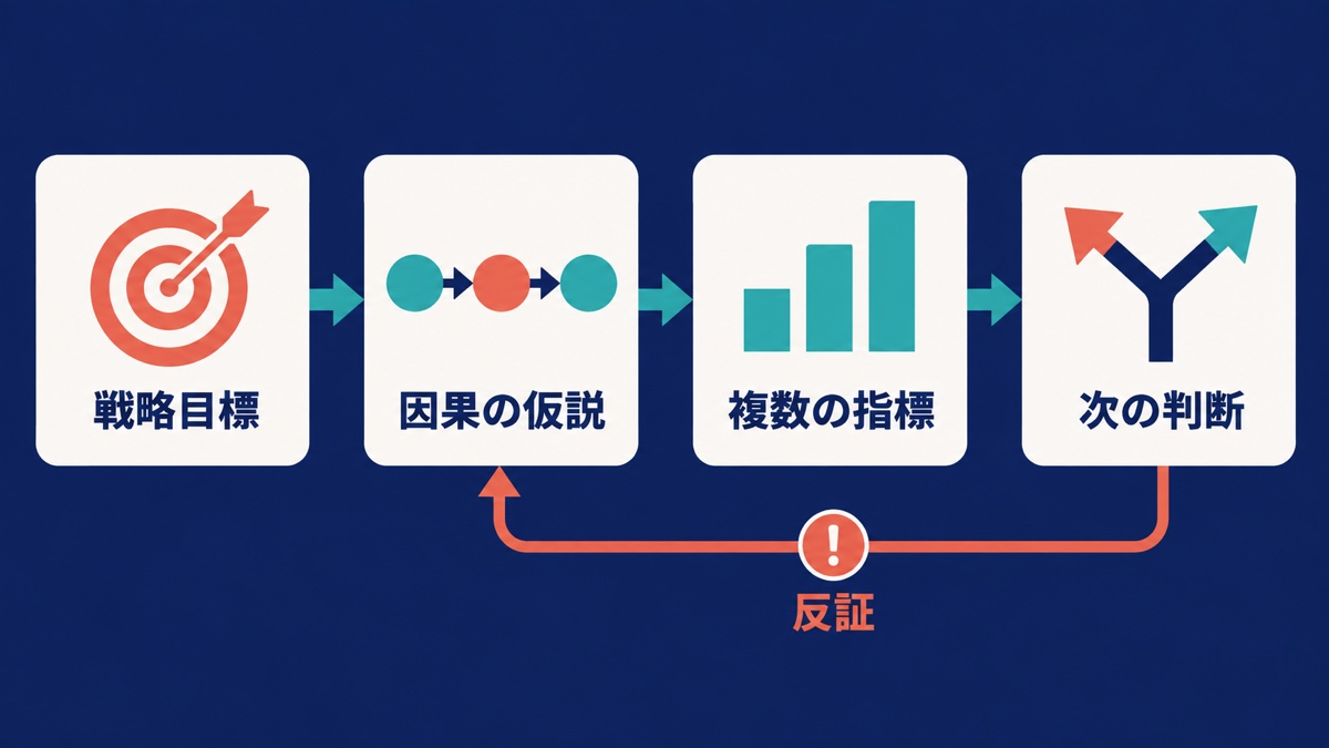 戦略目標から因果の仮説、複数の指標、次の判断へつなぎ、反証の手がかりから仮説へ戻る流れを示した図