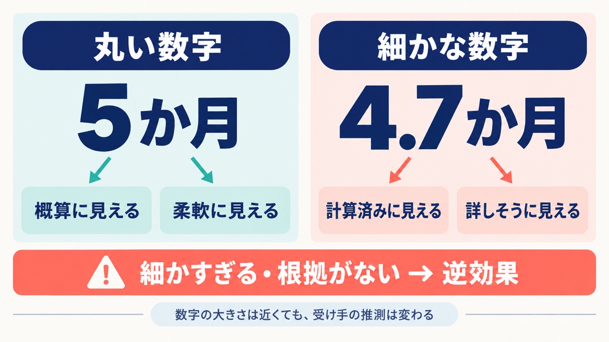 5か月と4.7か月の表示から受け手が概算、計算済み、柔軟性などを推測する違いを示した図