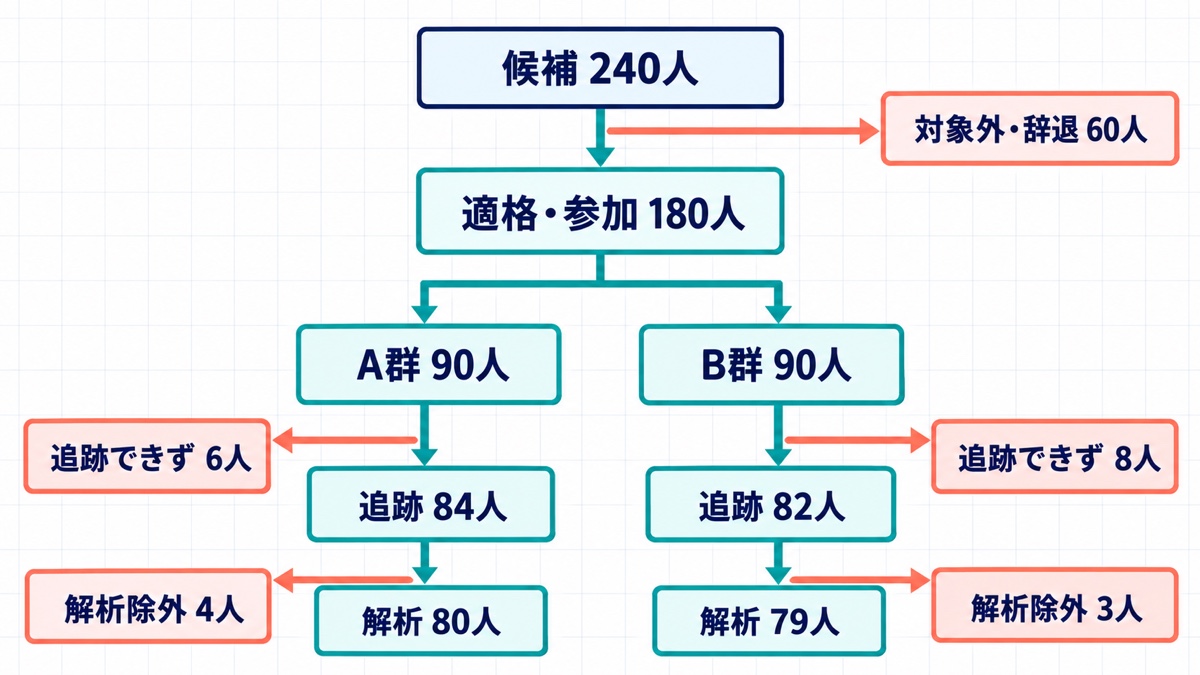 候補240人からA群80人・B群79人の解析対象へ至る研究参加者のフロー図