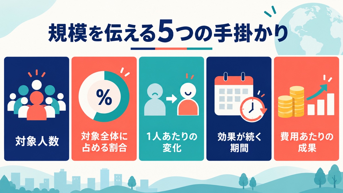 規模を伝えるための対象人数、対象全体に占める割合、1人あたりの変化、効果が続く期間、費用あたりの成果を示した図