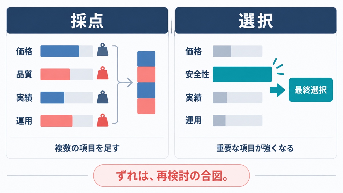 採点では複数項目を足し合わせ、選択では重要項目が強くなる違いを示した図