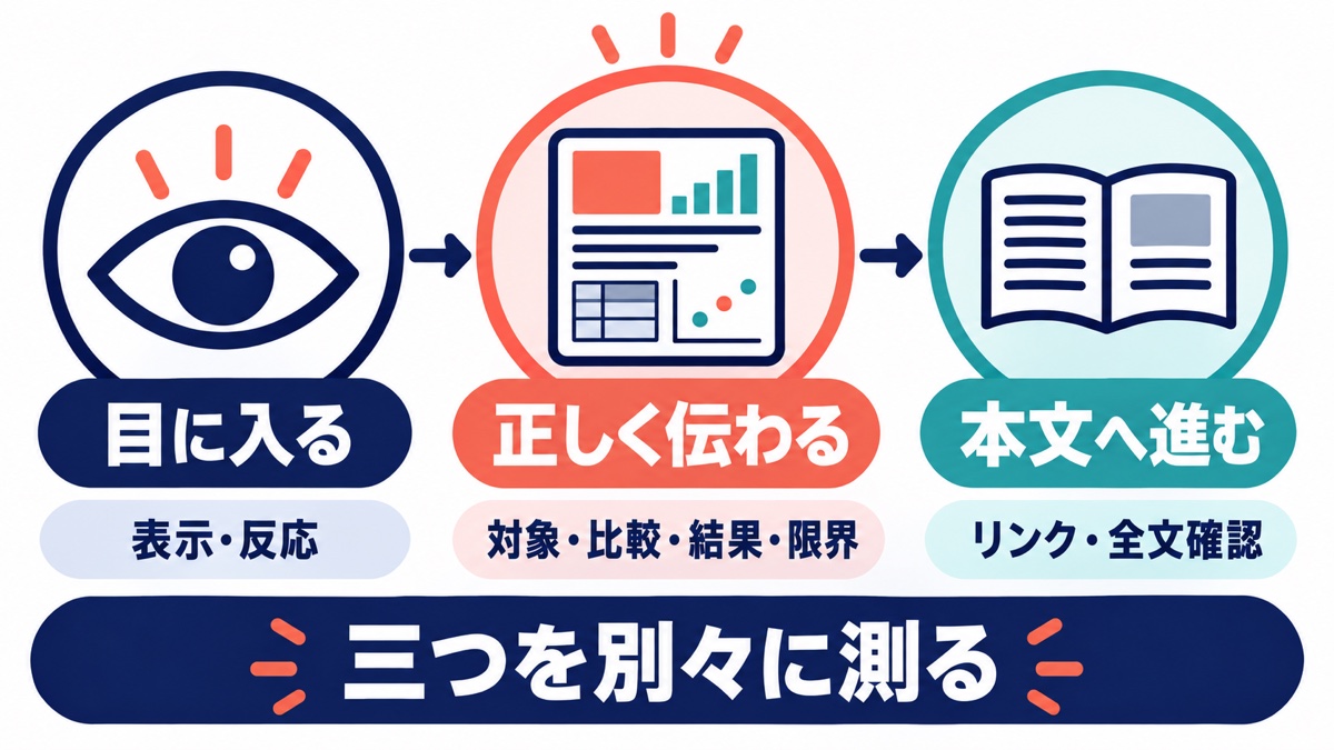 図解要旨の成果を、目に入る、正しく伝わる、本文へ進むの三段階で示した図