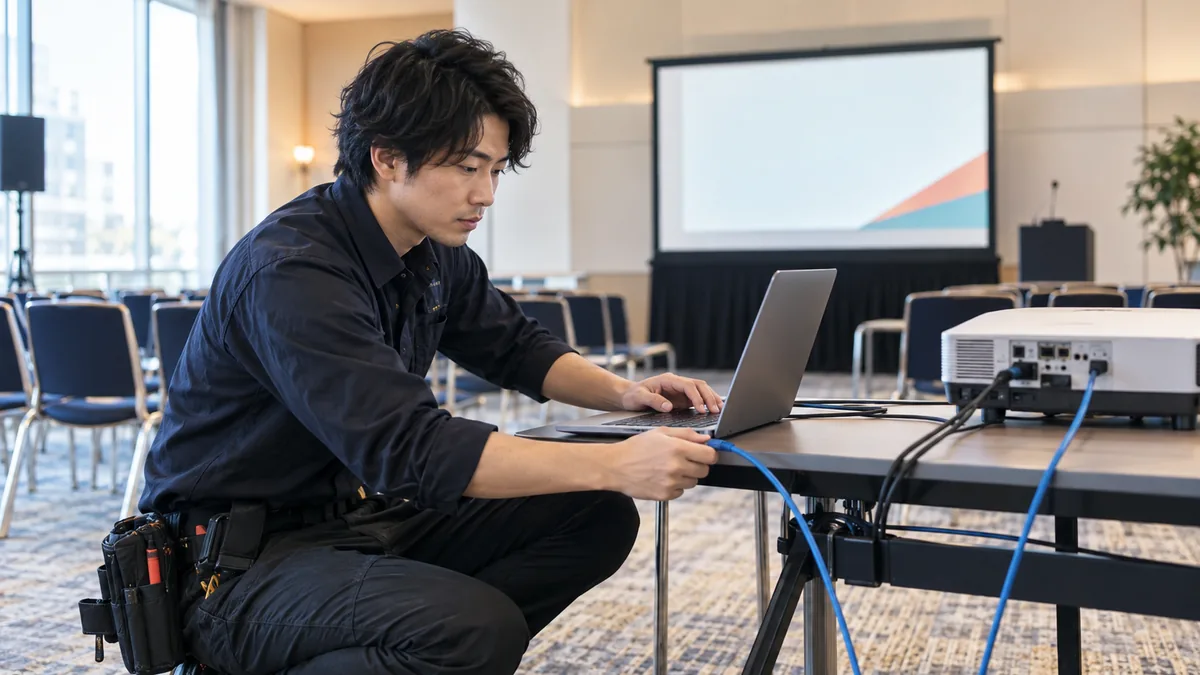 会場の設備とネットワークを確認するイメージ