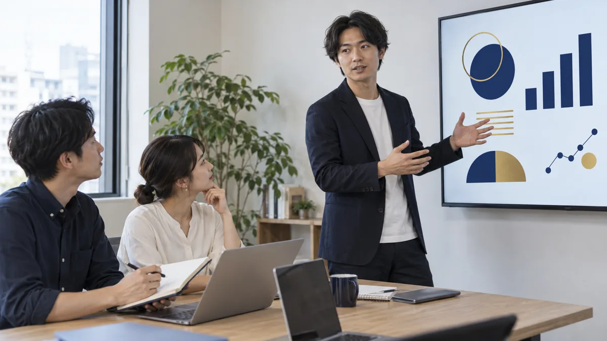 資料を使って発表を練習するイメージ