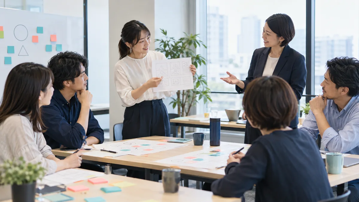 参加者が資料の構成を説明し合う研修(生成イメージ)